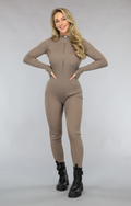Taupe Ribstof Jumpsuit met Lange Mouwen en Rits