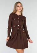 Bruine Geribde Stretch Two Piece Set met Plooirok