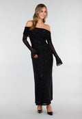 Zwarte Off Shoulder Maxi Glitter Jurk met Lange Mouwen