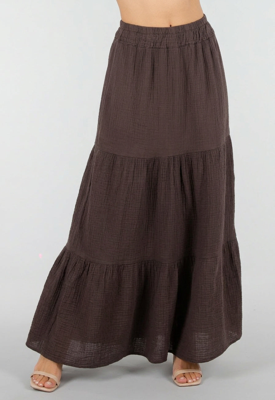 Bruine Mousseline Maxi Rok met Elastische Taille