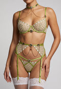 NEW260826 Groene Driedelige Lingerieset met Mesh, Strass en Kettingen
