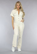 Redial Jeans Crème Kleurige Straight Leg Denim Jumpsuit met Korte Mouwen