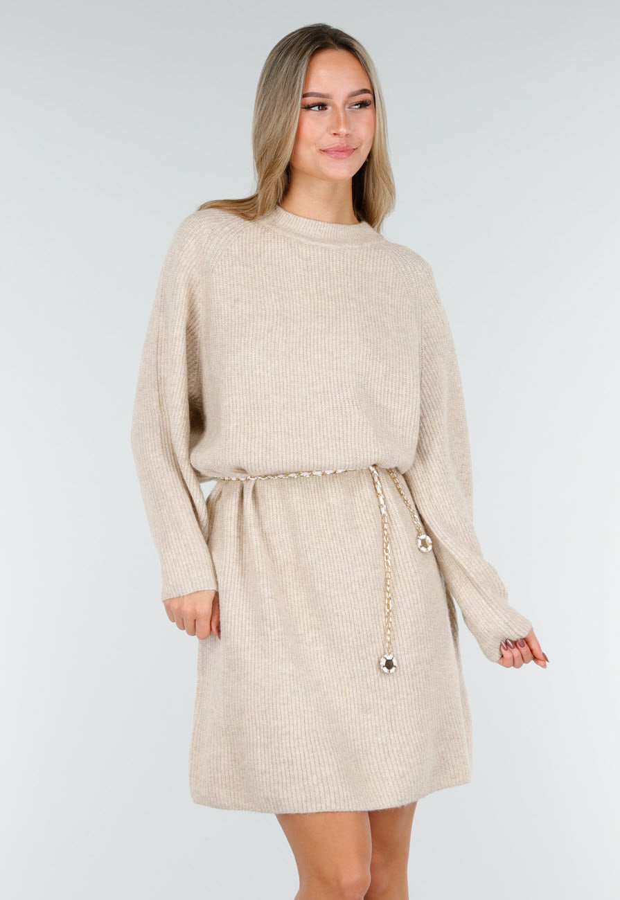 Beige Gebreide Jurk met Lange Mouwen en Recht Ribpatroon