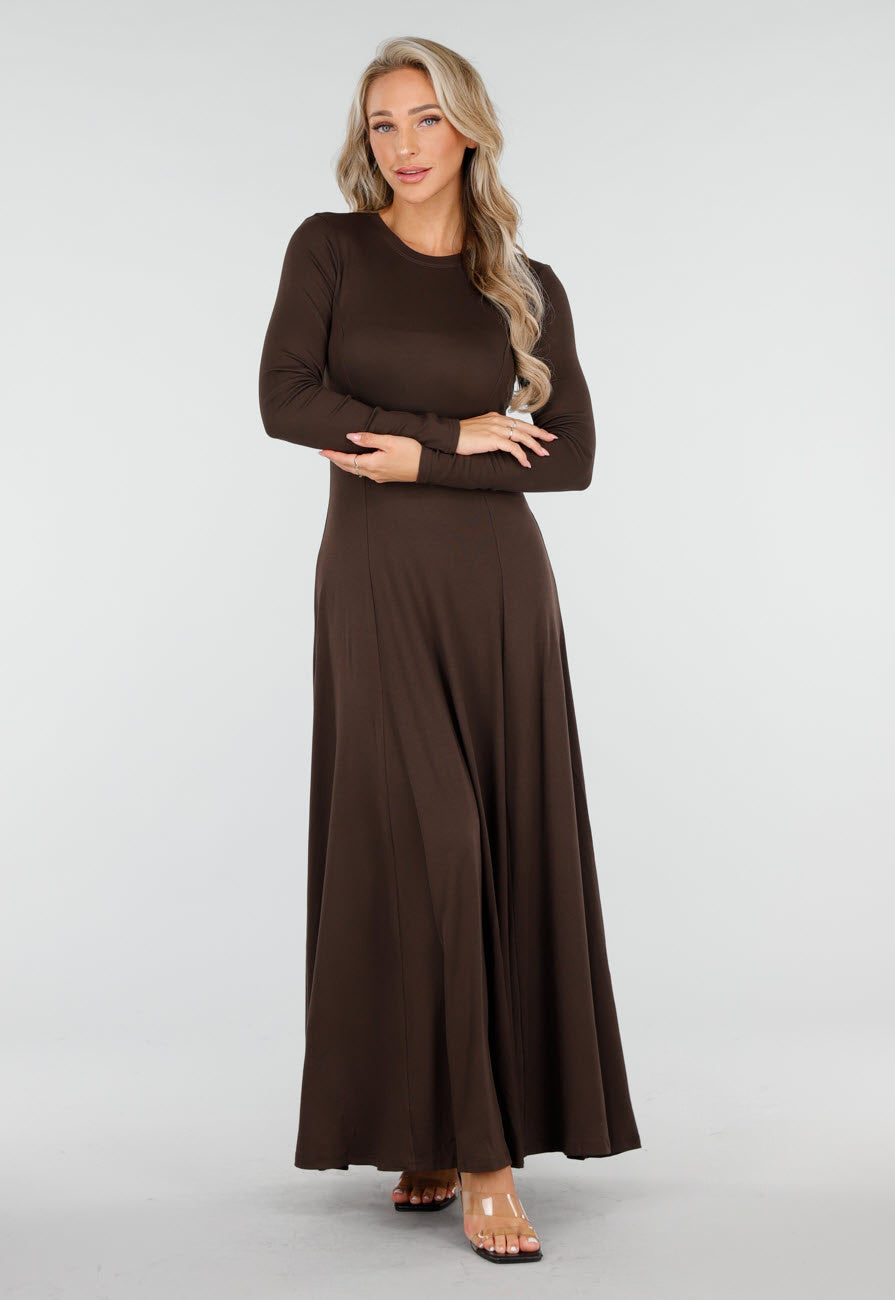 Donkerbruine Stretch Jurk met Lange Mouwen