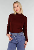 Bordeaux Top met Lange Mouwen en Col