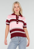 Roze en Bordeauxrode Gestreepte Polo Top met Korte Mouwen