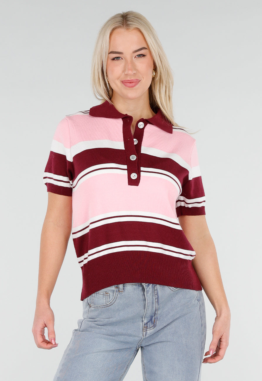 Roze en Bordeauxrode Gestreepte Polo Top met Korte Mouwen
