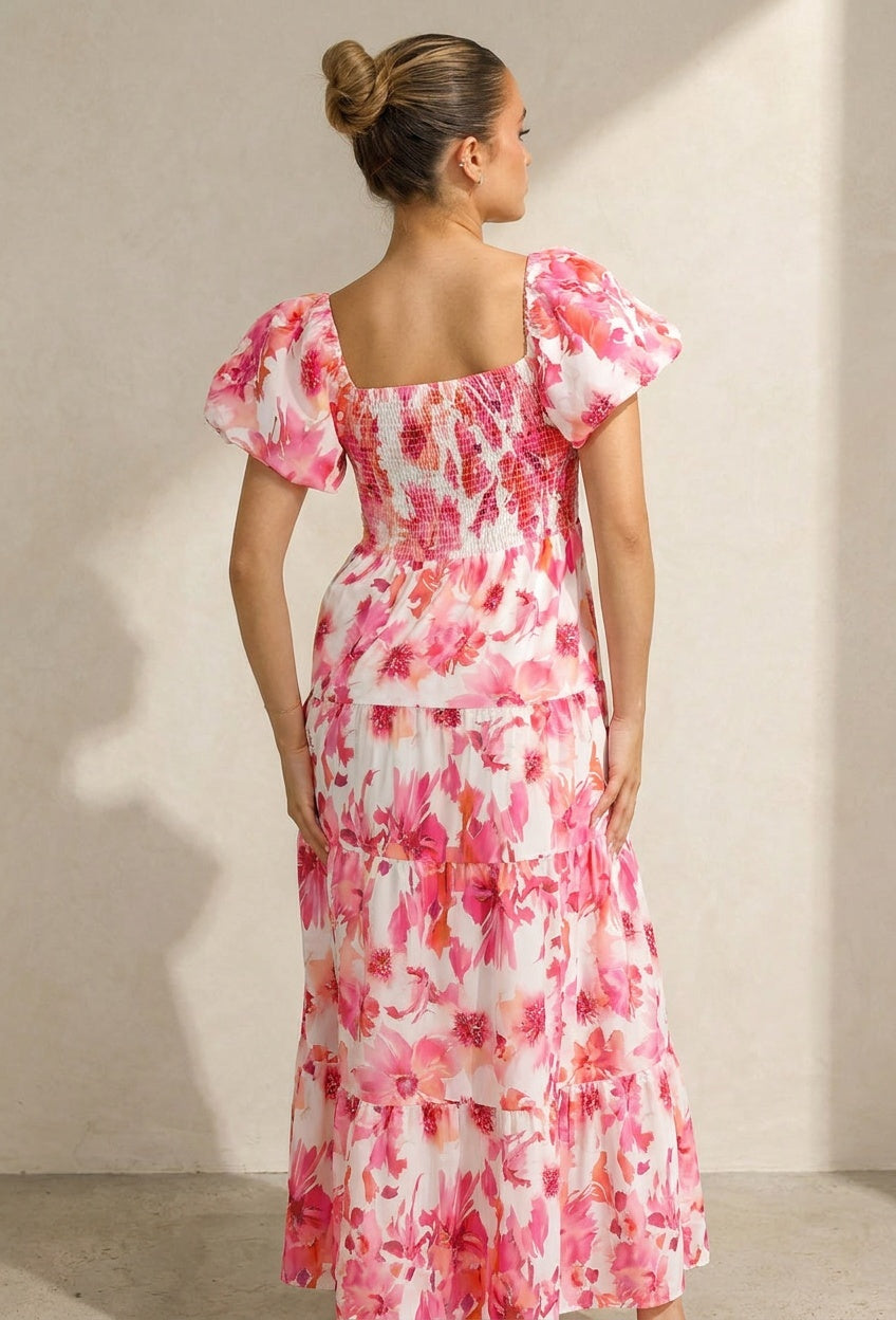Roze Bloemen Maxi Jurk met Pofmouwen en Gesmokte Taille