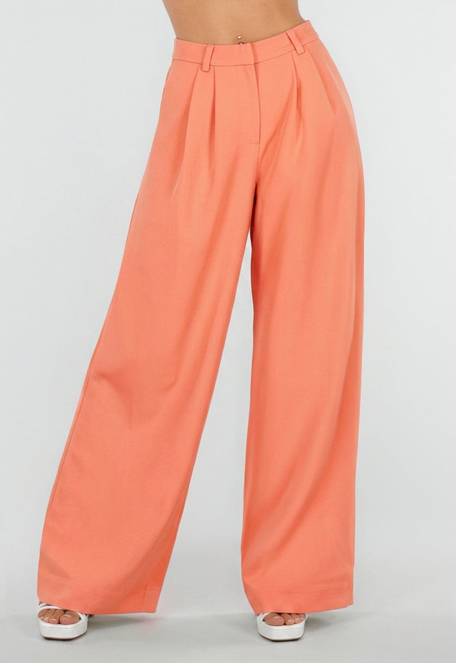 NEW190826 Coral Wide Leg Broek met Plooien