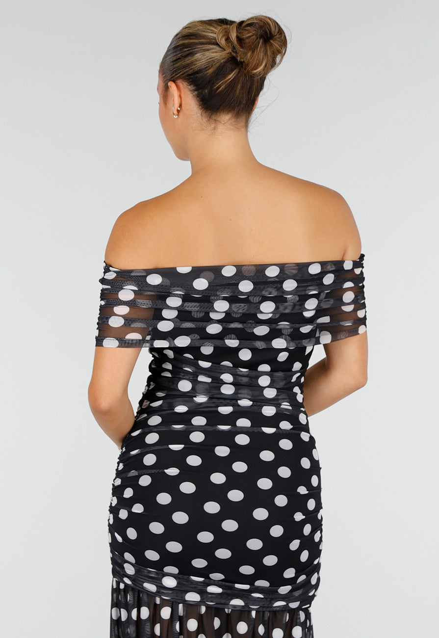 NEW120826 Zwarte Mesh Lange Jurk met Stippen en Split van Stretch
