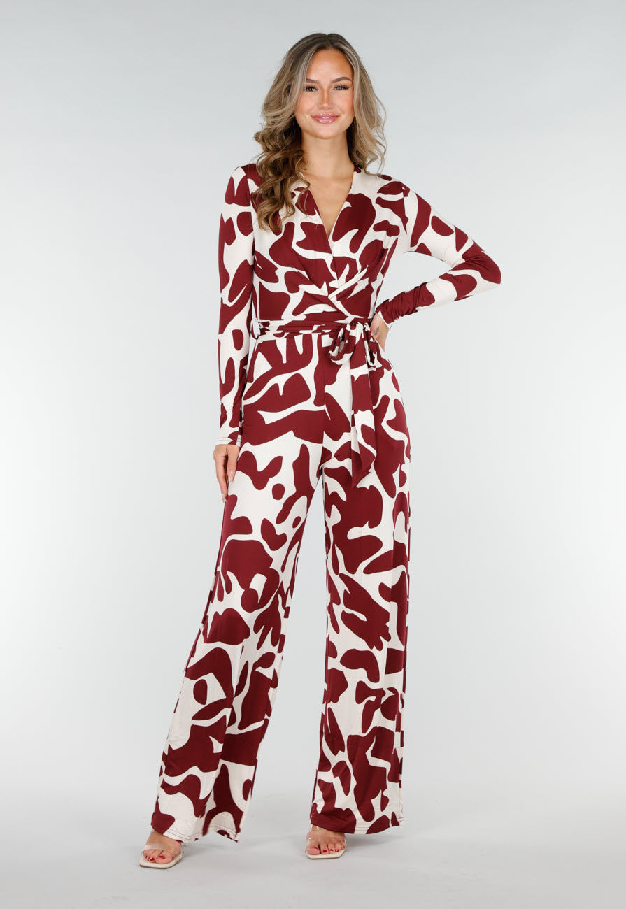 Bordeaux-Witte Stretch Jumpsuit met Print en Strikceintuur