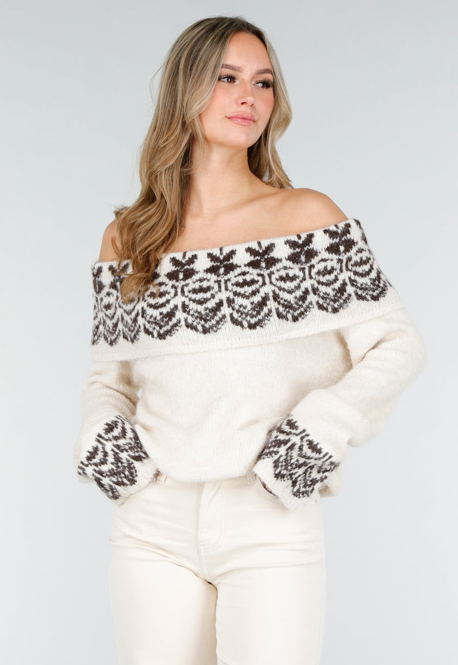 Crèmekleurige Off Shoulder Wollen Stretch Trui met Bruin Patroon