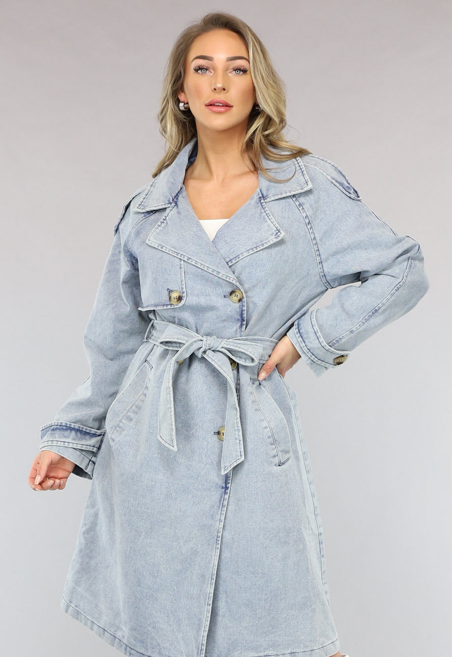 Lichtblauwe Oversized Denim Trenchcoat met Ceintuur
