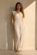 NEW220726 Beige Jumpsuit met V-Hals, Strik op Rug en Volantmouwen