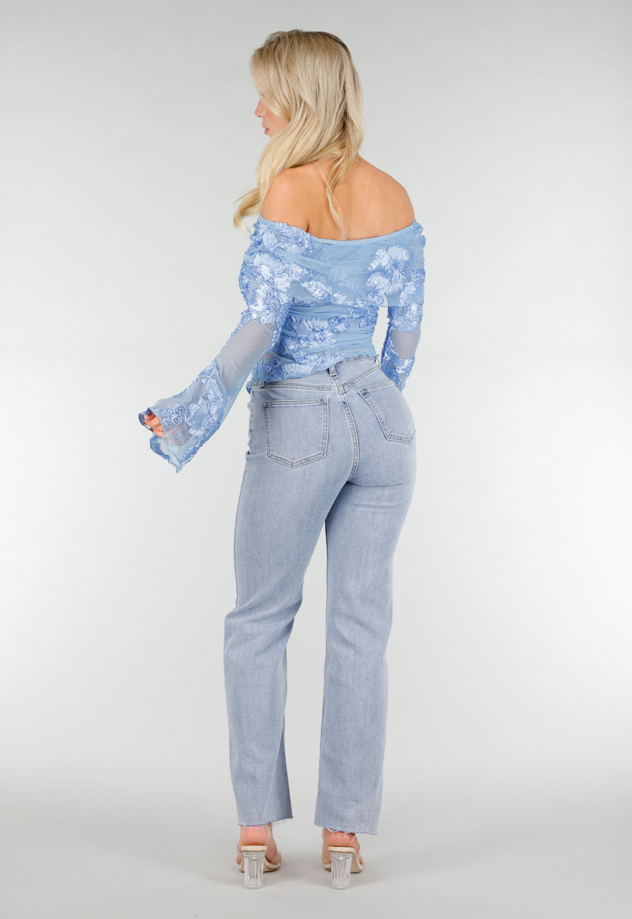 Blauwe Off Shoulder Mesh Top met Bloemen