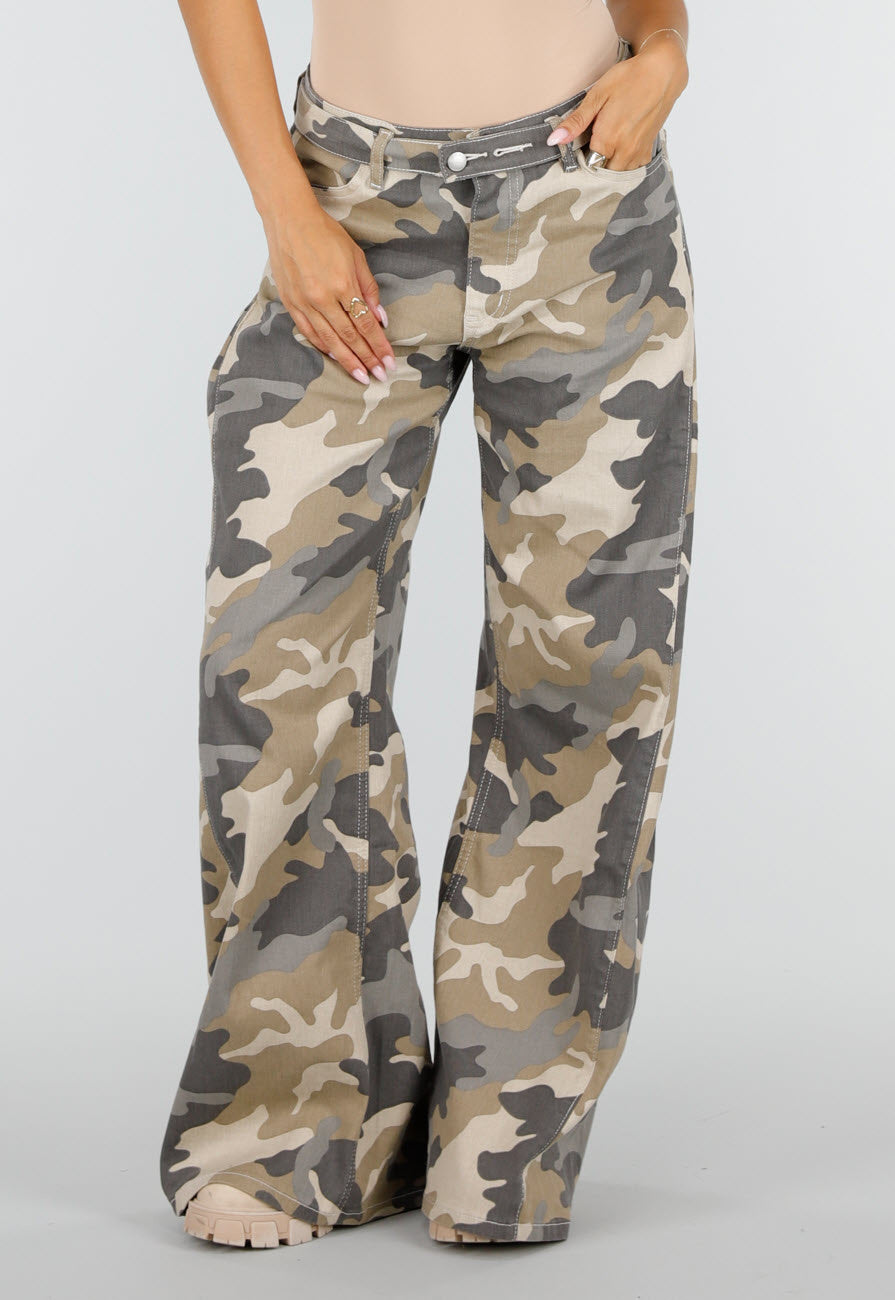 NEW220726 Beige Camouflage Wide Leg Broek met Lage Taille