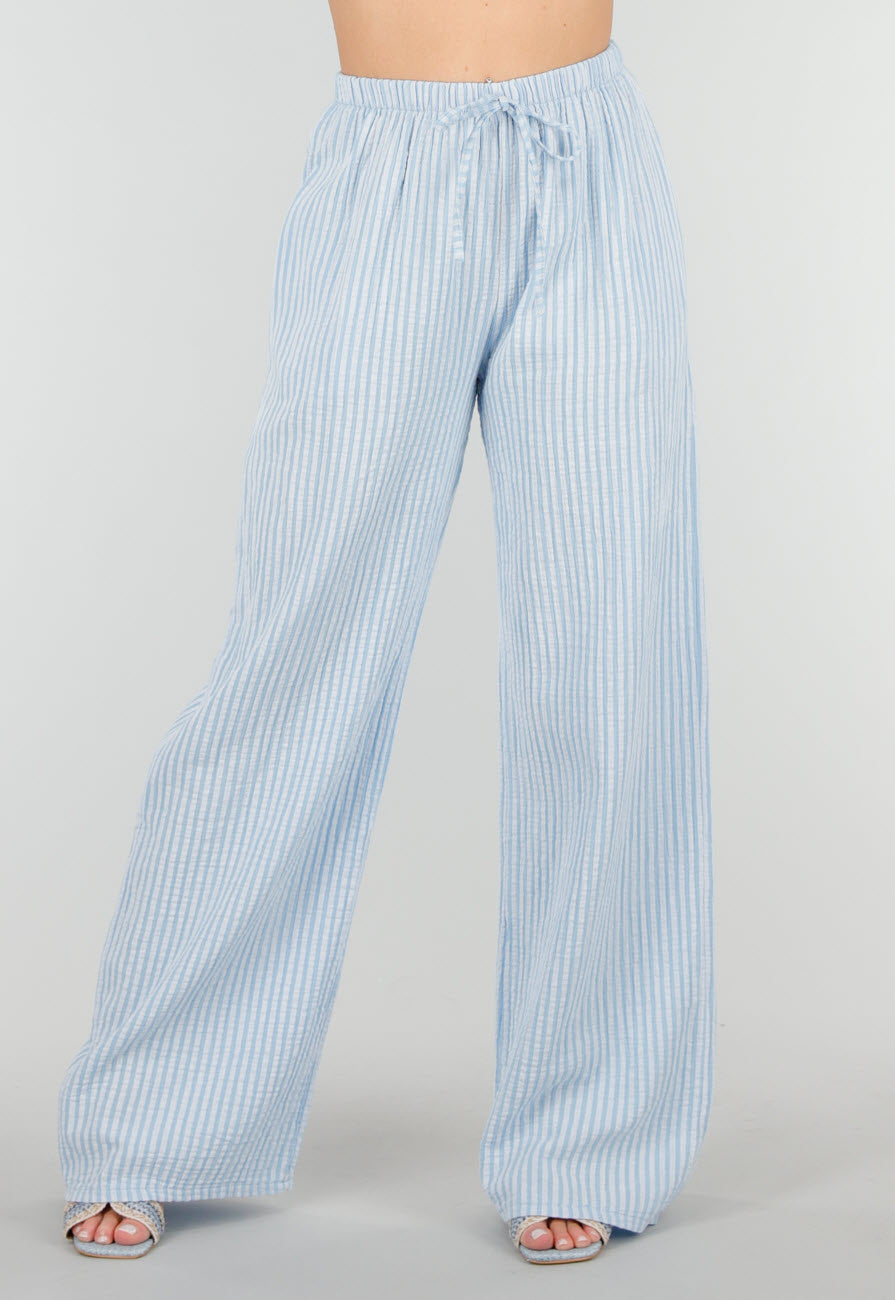 Lichtblauw Witte Broek van Katoen met Sierstrik en Stretch