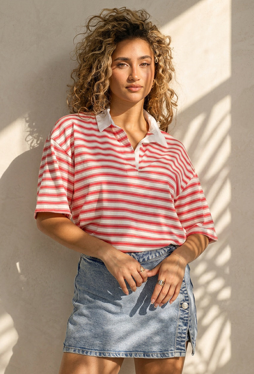 Roze Gestreepte Polo T-shirt met Kraag en Korte Mouwen