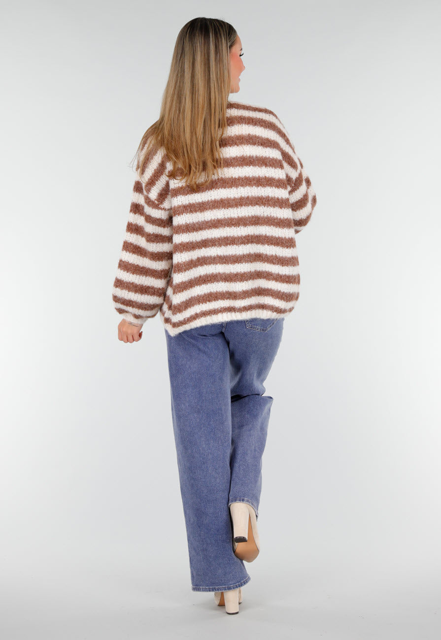 Gestreept Gebreid Vest in Bruin en Wit met Losvallend Model