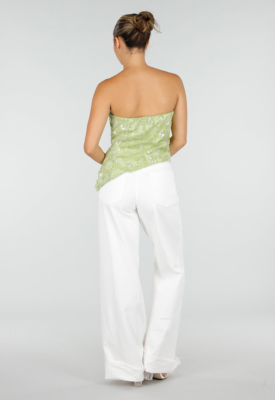 NEW120826 Olijfgroene Strapless Top met Pailletten, Bloemenpatroon en Blinde Rits