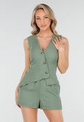 Groene Linnenlook 2-Piece Set met Asymmetrisch Gilet