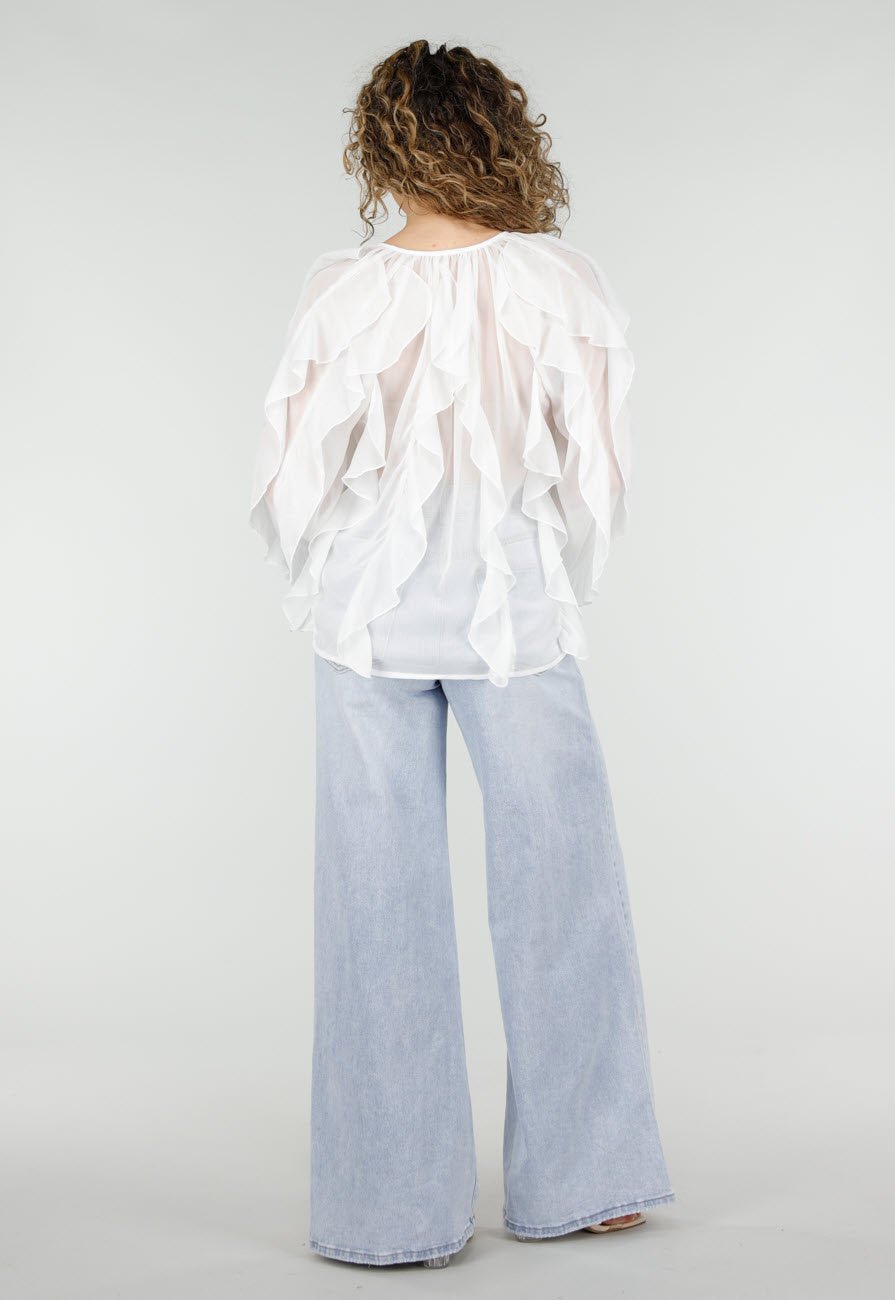 Witte Chiffon Blouse met Ruffles en Lange Mouwen