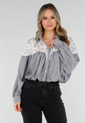 Zwarte Gestreepte Blouse met Kant en Strass Knopen