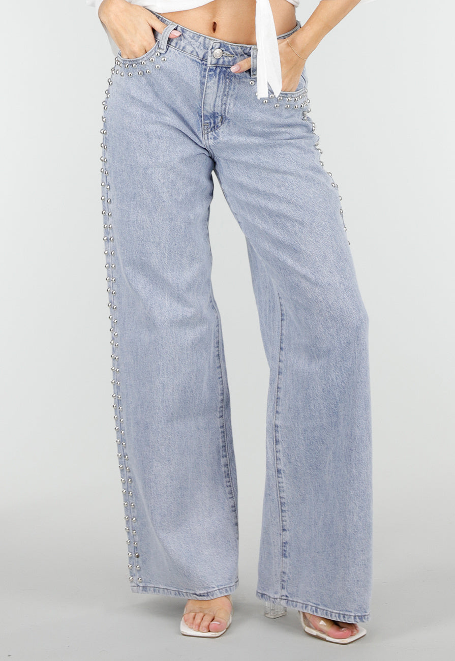 Lichtblauwe Denim Wide Leg Jeans met Studs en High Waist
