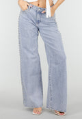 Lichtblauwe Denim Wide Leg Jeans met Studs en High Waist