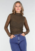 Khakikleurige See Through Kanten Top met Gedrappeerd Effect