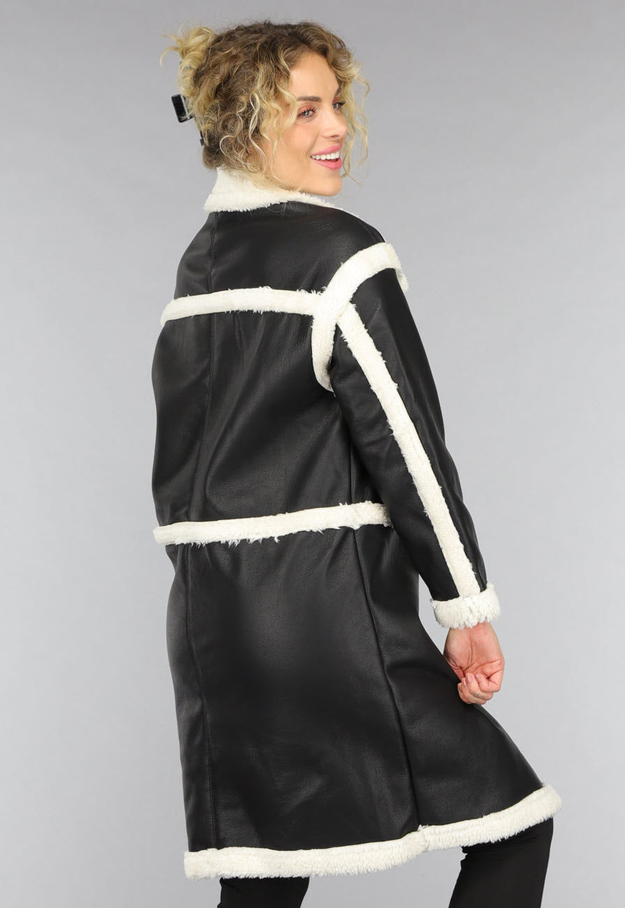 Zwarte Lange Lederlook Teddy Mantel Jas