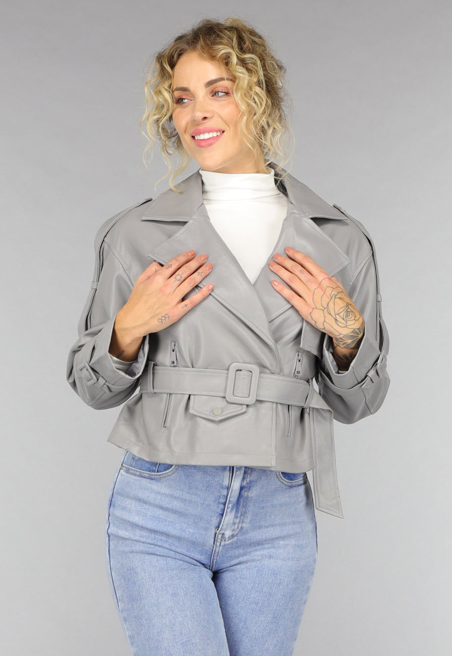Lederlook Biker Jasje in Grijs