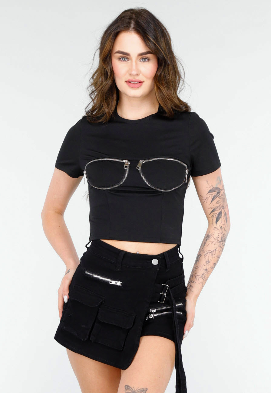 Zwarte Crop Top met Rits Details en Korte Mouwen