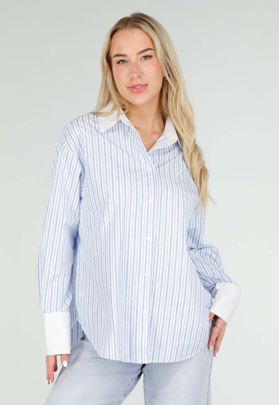 Lichtblauwe Gestreepte Blouse met Strass Steentjes en Lange Mouwen