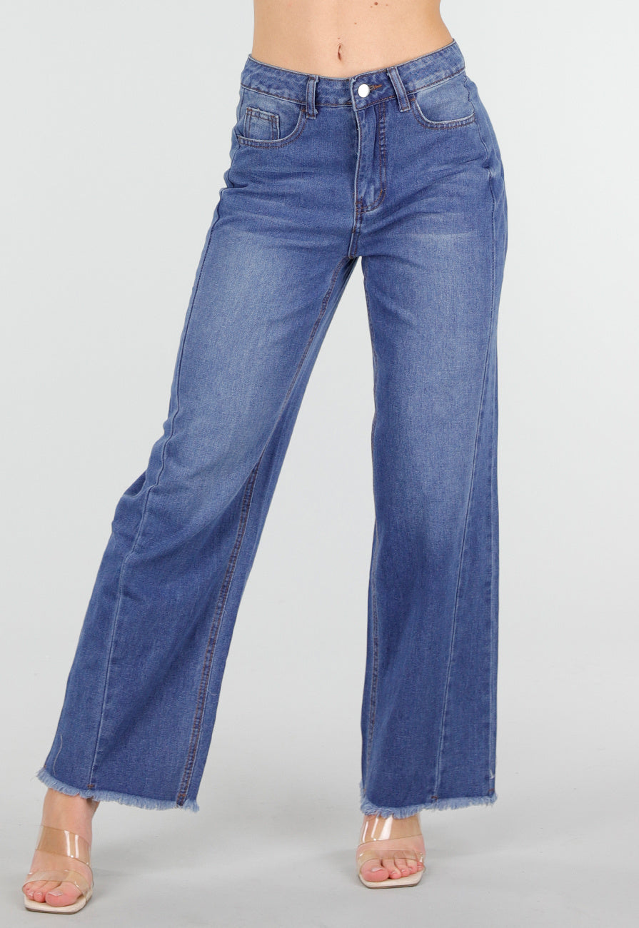 Blauwe High Waist Wide Leg Jeans met Subtiele Wassing en Rafelige Zoom