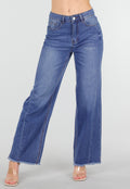 Blauwe High Waist Wide Leg Jeans met Subtiele Wassing en Rafelige Zoom