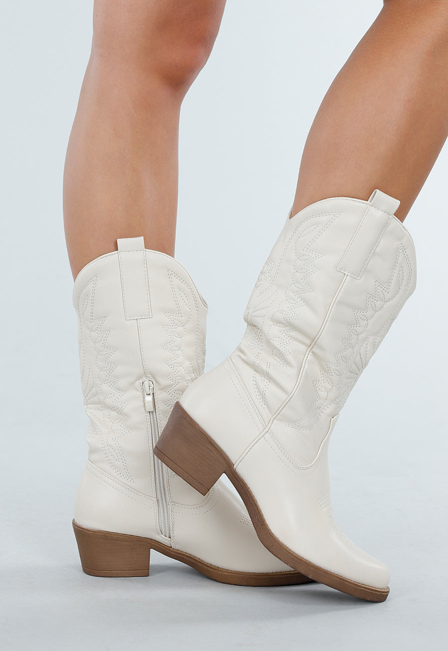 Beige Cowboylaarzen met Sierstiksels en Rits