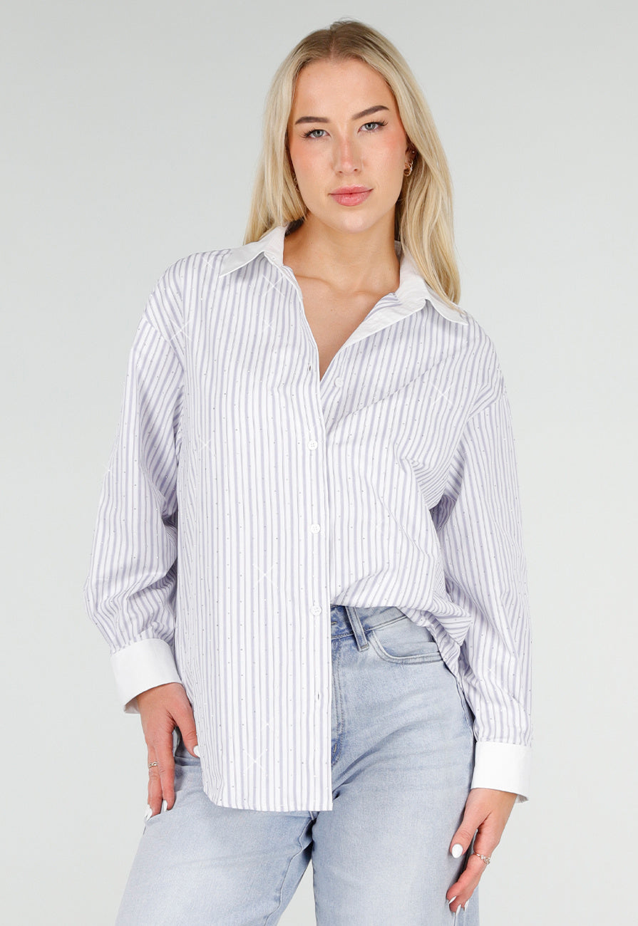 Wit Gestreepte Blouse met Strass Steentjes en Lange Mouwen