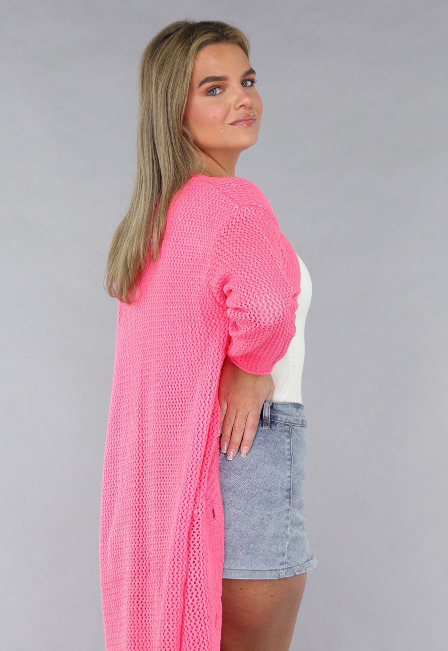 Lang Roze Gebreid Vest met Statement Knopen