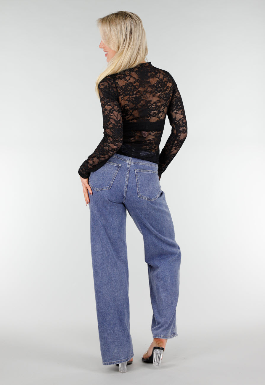 Zwarte Kanten Mesh Top met Lange Mouwen en Col