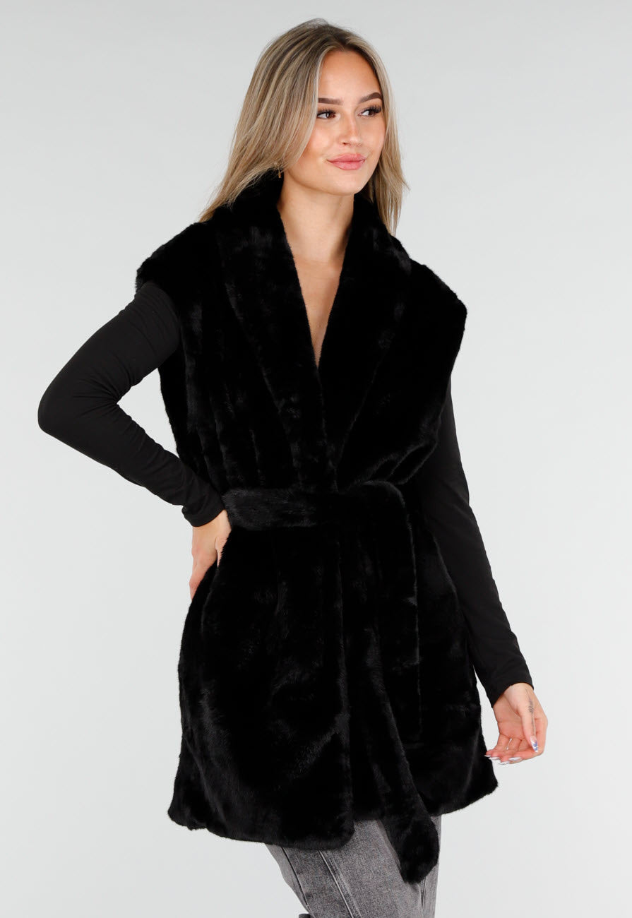 Zwarte Faux Fur Bodywarmer met Ceintuur en Kraag