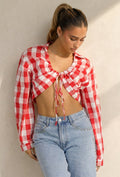 Rood Wit Geruite Cropped Blouse met Striksluiting