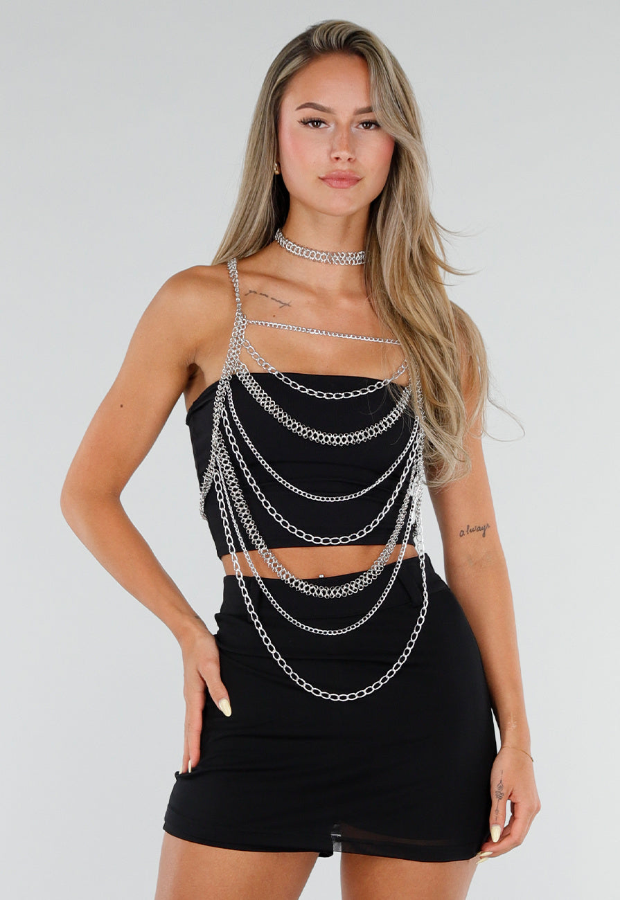 NEW120826 Zilverkleurige Bodychain met Choker en Verstelbare Rugsluiting
