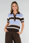 Gebreide Polo Top in Blauw en Bruin met Stretch