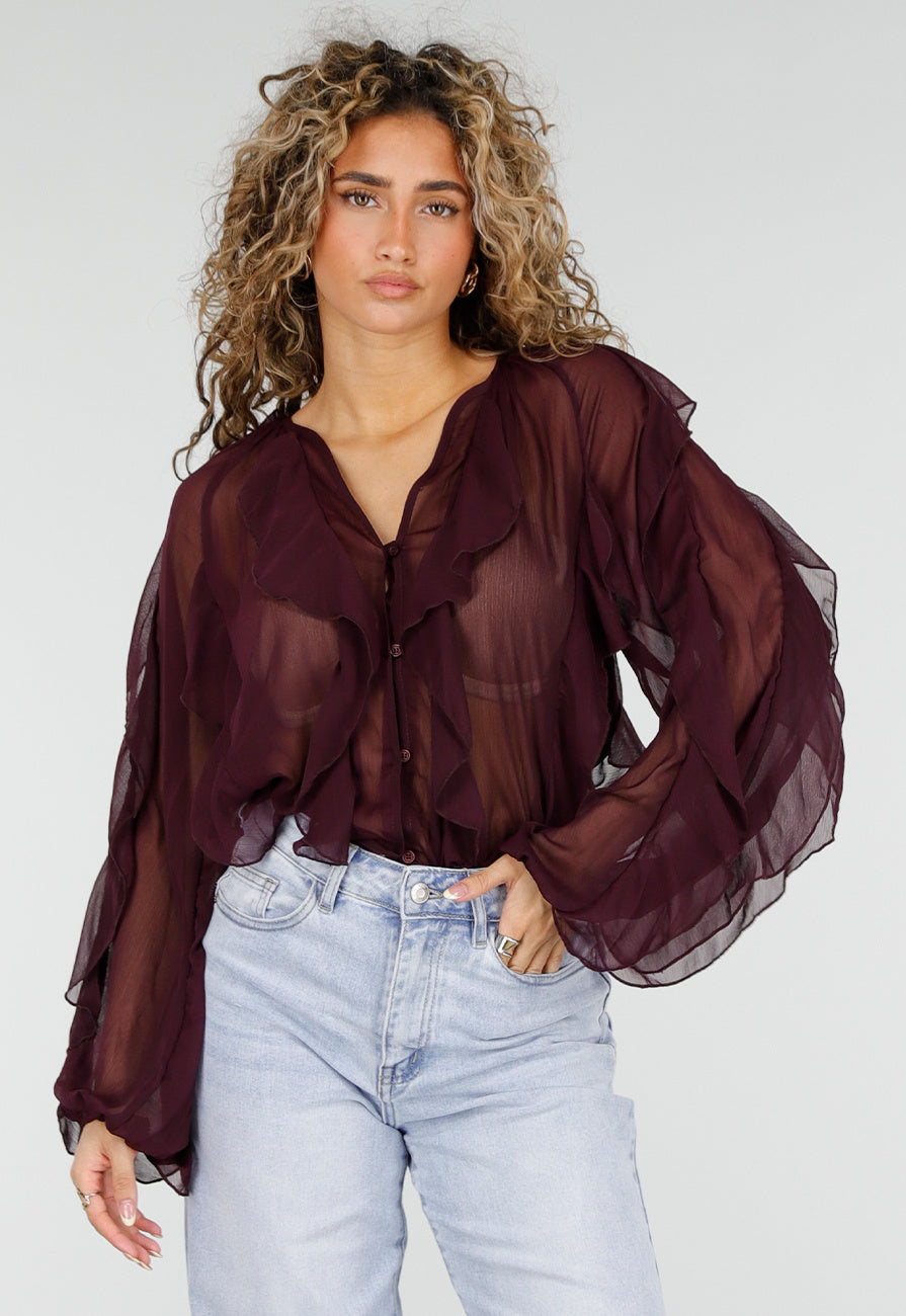 Bordeaux Chiffon Blouse met Ruffles en Lange Mouwen