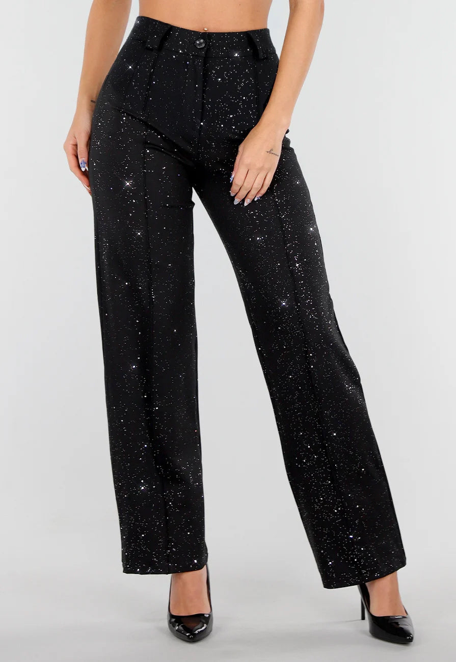 Zwarte Straight Leg Super Stretch Pantalon met Glitters