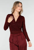 Bordeauxrode Glitter Body met V-Hals en Lange Mouwen