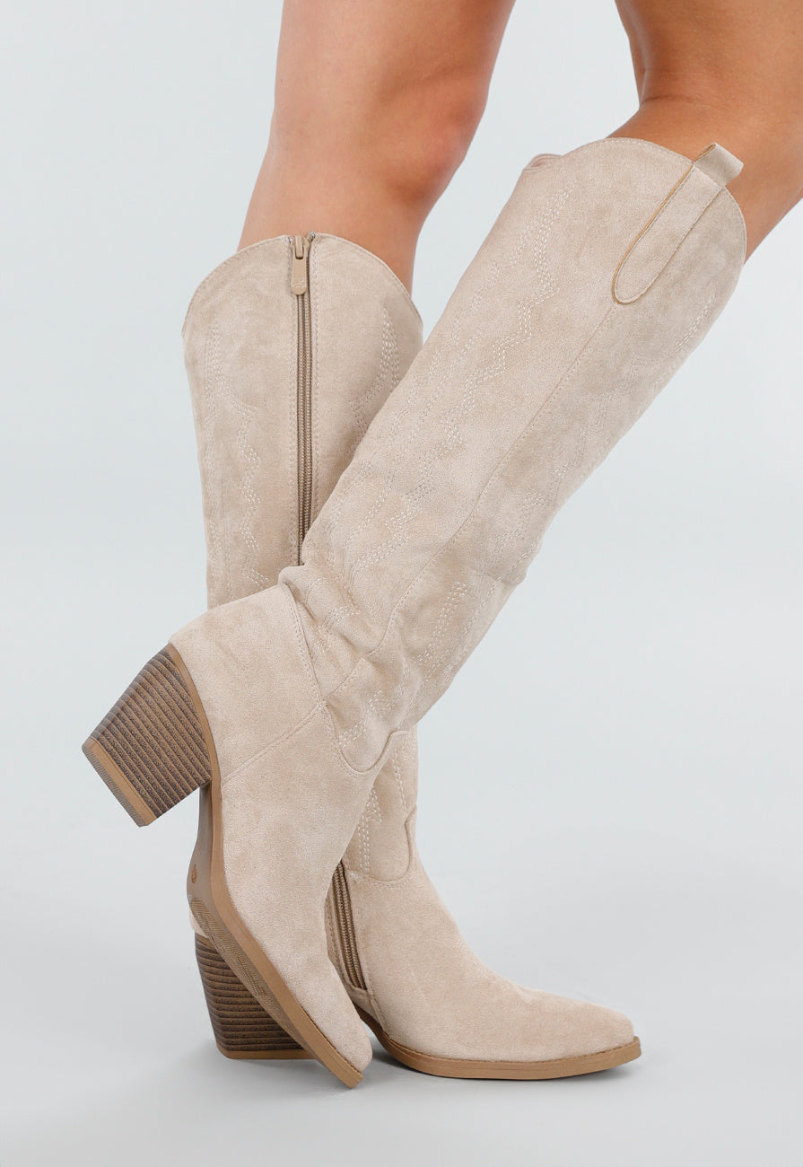 Beige Suède Look Cowboylaarzen met Hak