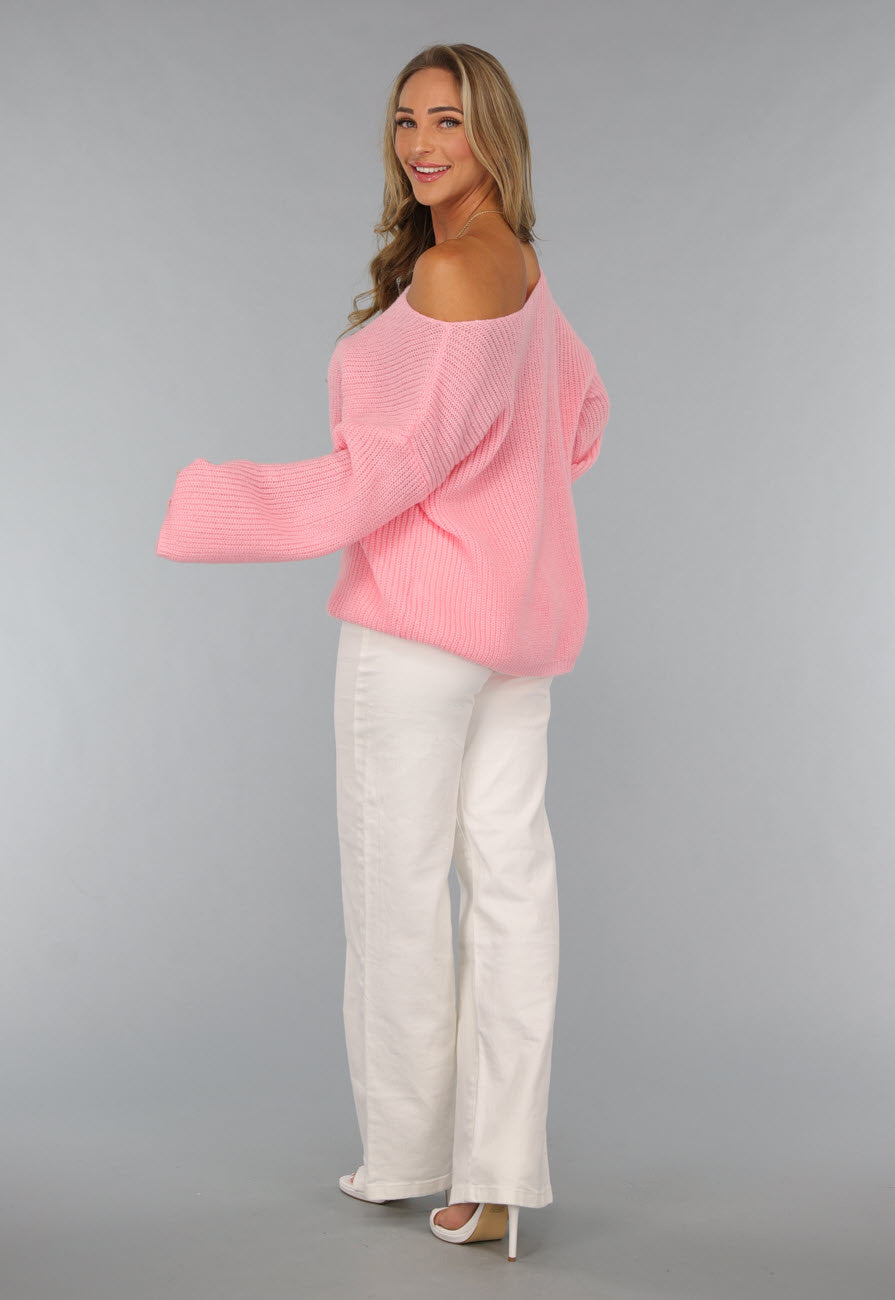 Roze Gebreide Oversized Trui