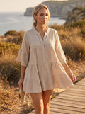Beige Tuniekjurk met Knoopsluiting en Driekwart Volantmouwen